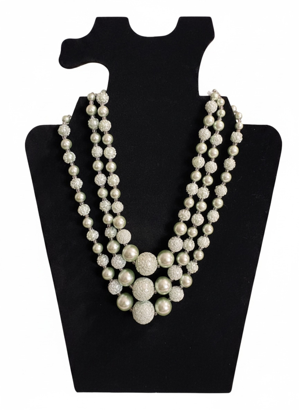 Vintage Triple Strand Faux Pearl and Sugar Beaded Necklace -Tested - Nickel Free